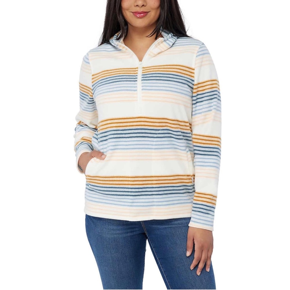 O'Neill Hoodie Womens XXL Striped Cream Blue Orange Quarter Zip Fleece EUC